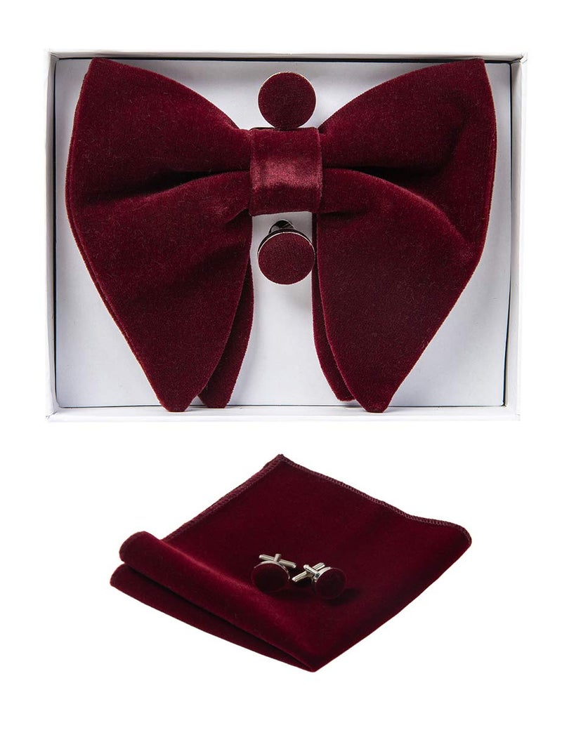GUSLESON Mens Wedding Bow Tie and Pocket Square Cufflink Sets Velvet Pre-tied Burgundy Wine Bow Ties (0571-14) - Image 2